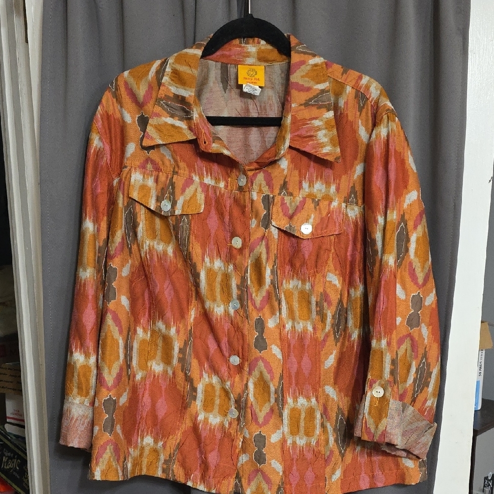 Ruby Rd Woman Shirt/Jacket Fall Colors Tab Sleeves Shell Buttons Pockets 20W EUC